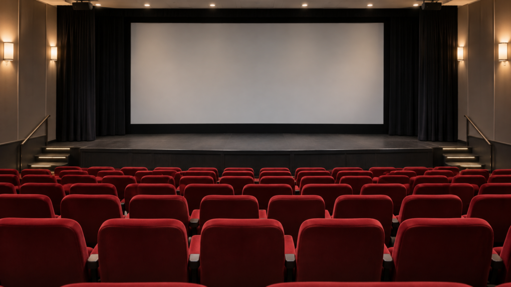 映画館の客席と無人のステージを描いた生成イメージ