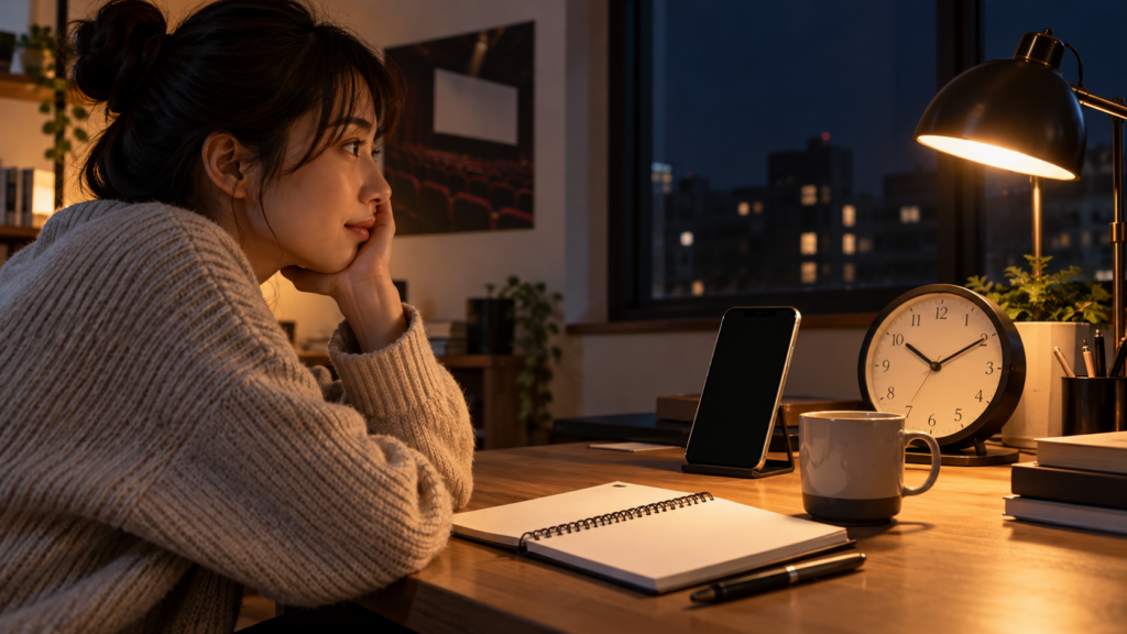 時計とスマートフォンで夜の予約を準備する生成イメージ