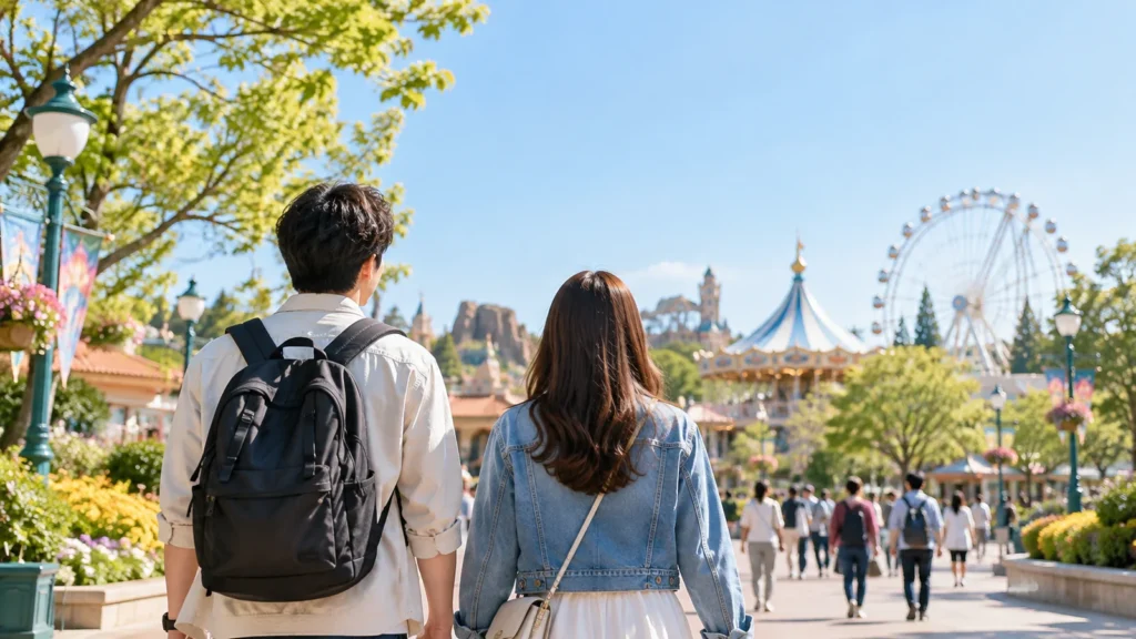 テーマパークでのイベントを楽しみに歩く旅行者のイメージ