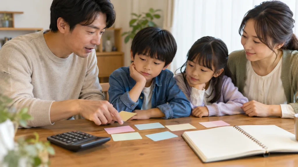 家族で食事と入場の予算を確認する手元のイメージ