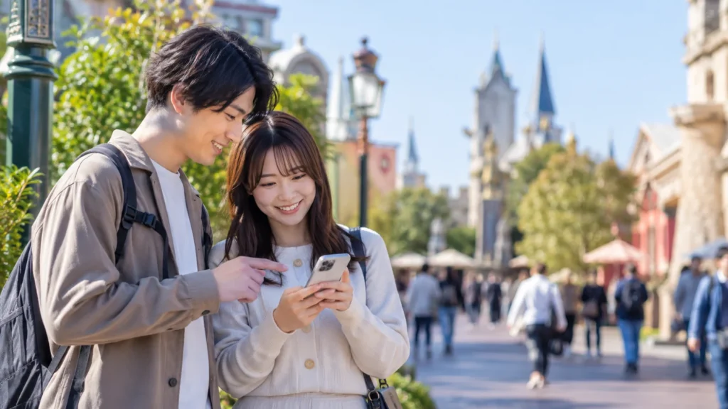 園内でスマートフォンを使い予定を確認する来園者のイメージ