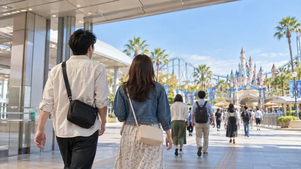 駅からテーマパークへ向かう旅行者のイメージ