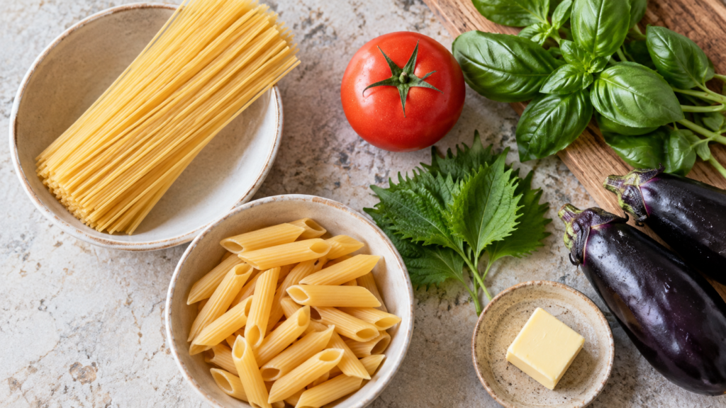 スパゲッティとペンネ、トマトや大葉などの食材を並べた説明用イメージ