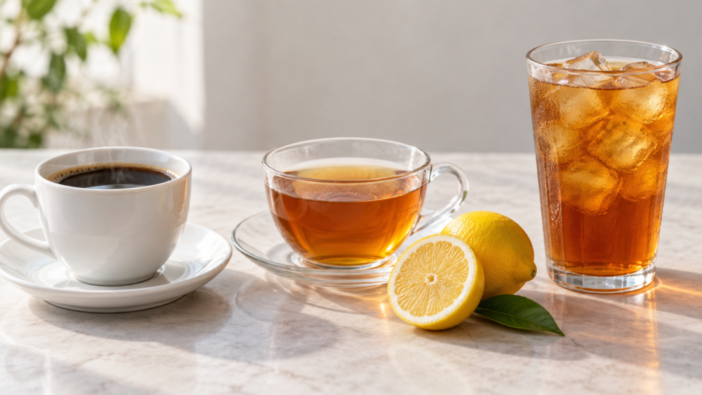 無地のカップに入れたコーヒーと紅茶、アイスティーの説明用イメージ