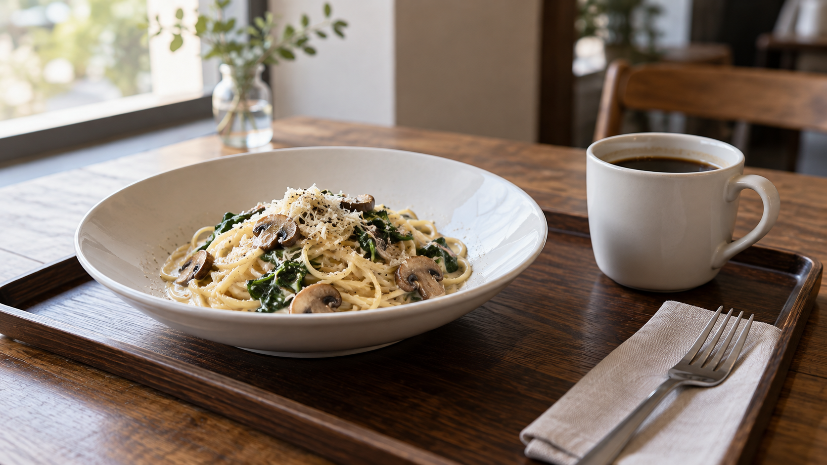 パスタとコーヒーを載せた架空のカフェトレーの説明用イメージ
