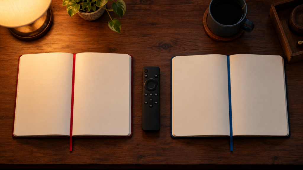 赤と青のしおりを挟んだ2冊のノートとテレビのリモコン