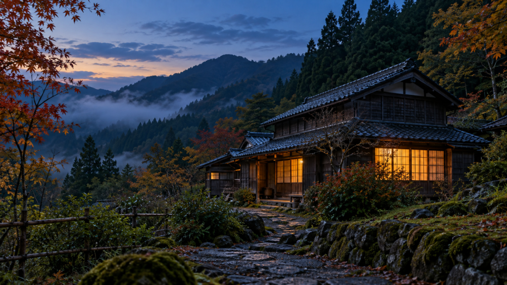山あいに建つ日本家屋のAI生成イメージ