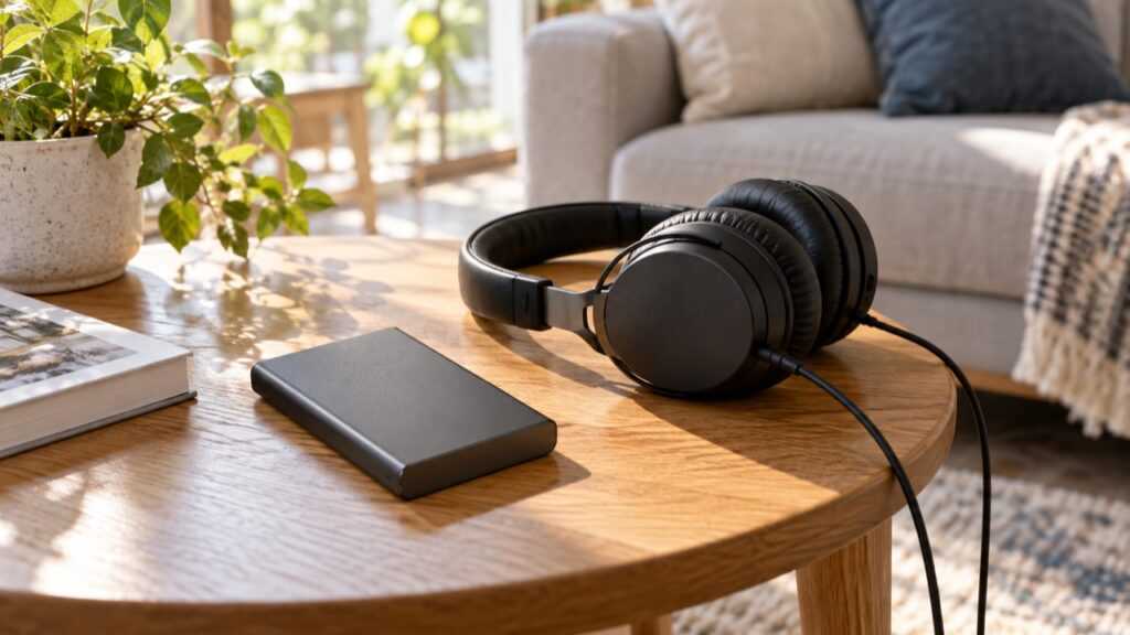 音楽専用プレーヤーと有線ヘッドホンを置いた鑑賞環境のイメージ