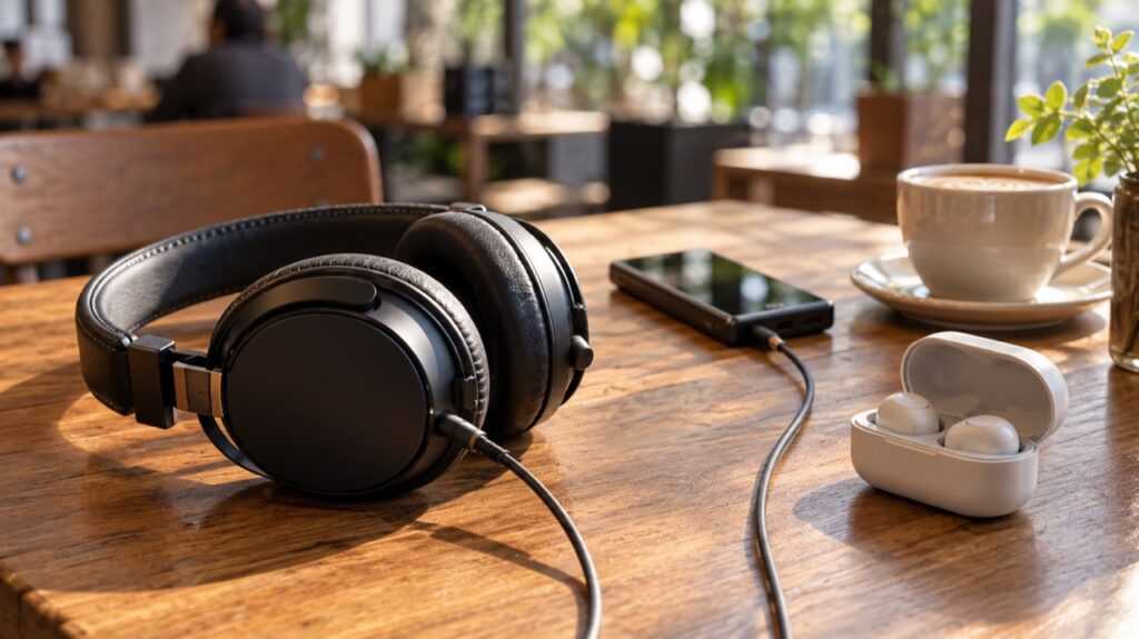 有線ヘッドホンと無線イヤホンを並べて聴き方を比較するイメージ
