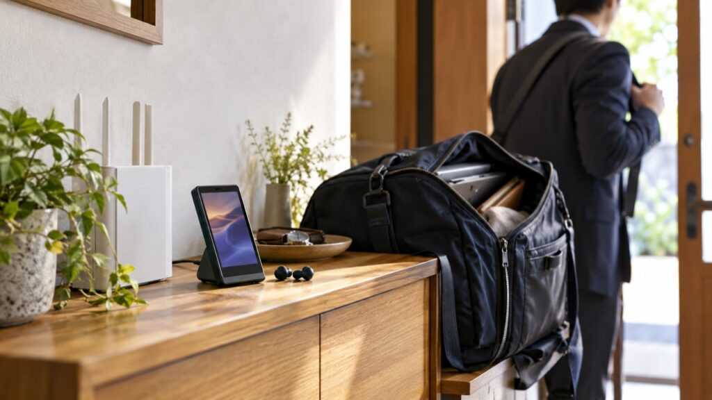 自宅のWi-Fi環境で外出前に音楽を準備するイメージ