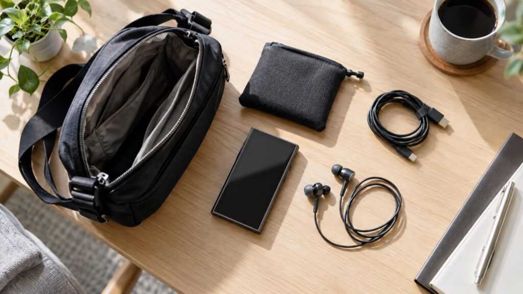 プレーヤーとイヤホンと充電用品をバッグに収める準備のイメージ