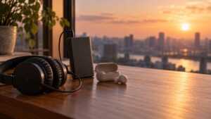 有線と無線の聴き方を比較する音楽プレーヤーのイメージ