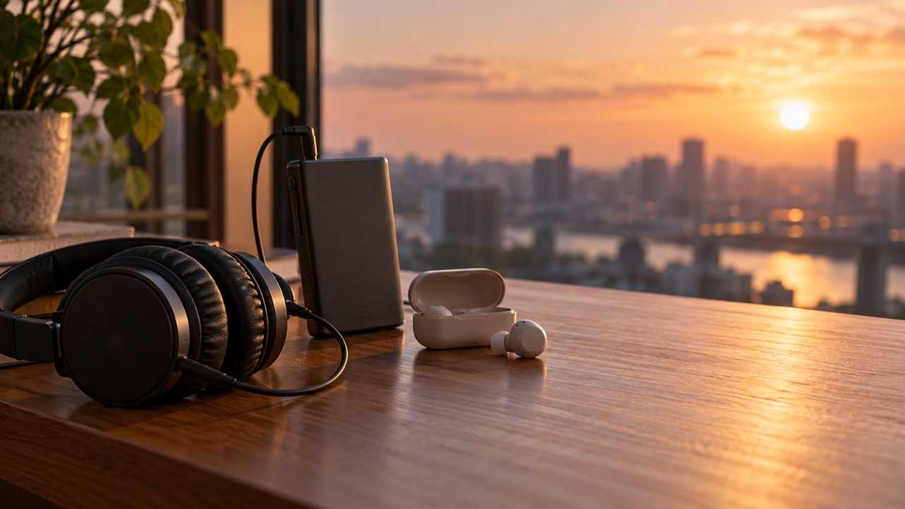有線と無線の聴き方を比較する音楽プレーヤーのイメージ