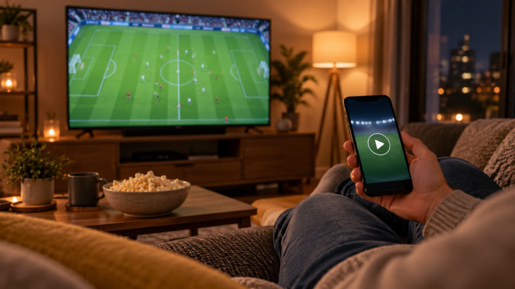 自宅のテレビとスマートフォンでサッカーを見るイメージ
