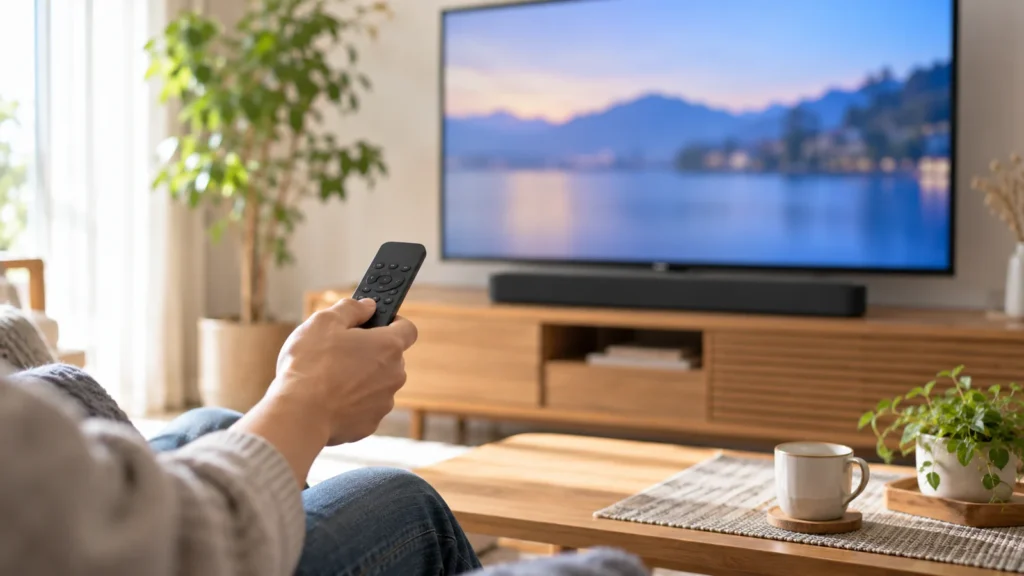 テレビを見ながらリモコンで音の設定を調整するイメージ