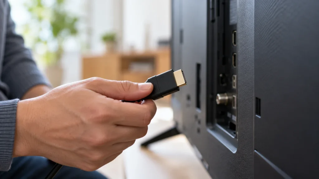 テレビ背面とHDMIケーブルを見て接続先を確認するイメージ
