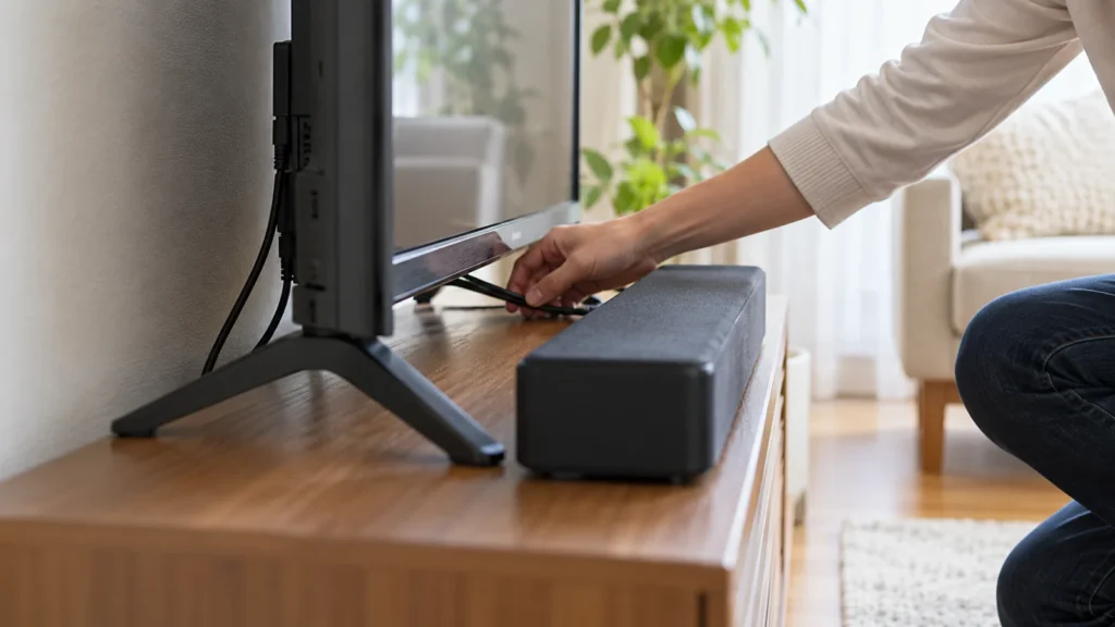 テレビの足とサウンドバーの間隔やケーブルの余裕を確認するイメージ