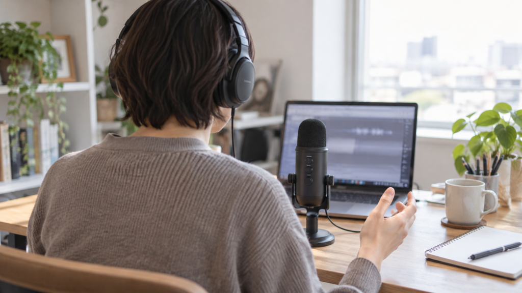 PCと汎用USBマイクを置いた一人配信用の机のイメージ