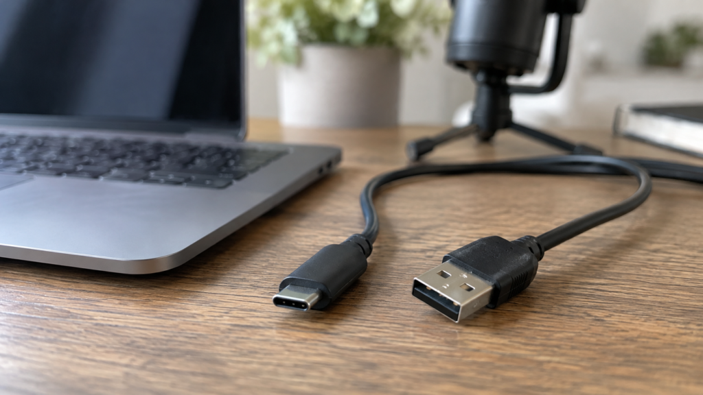 USB-C端子とUSB-A端子を備えたケーブルとPC接続口のイメージ