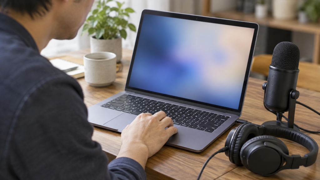 PCとヘッドホンと汎用USBマイクを並べ音声設定を確認する手元