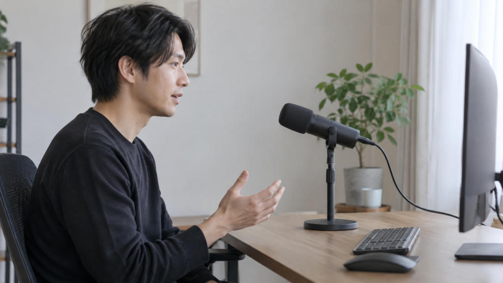 汎用マイクの前に座る人物と机の配置を横から見た説明用イメージ