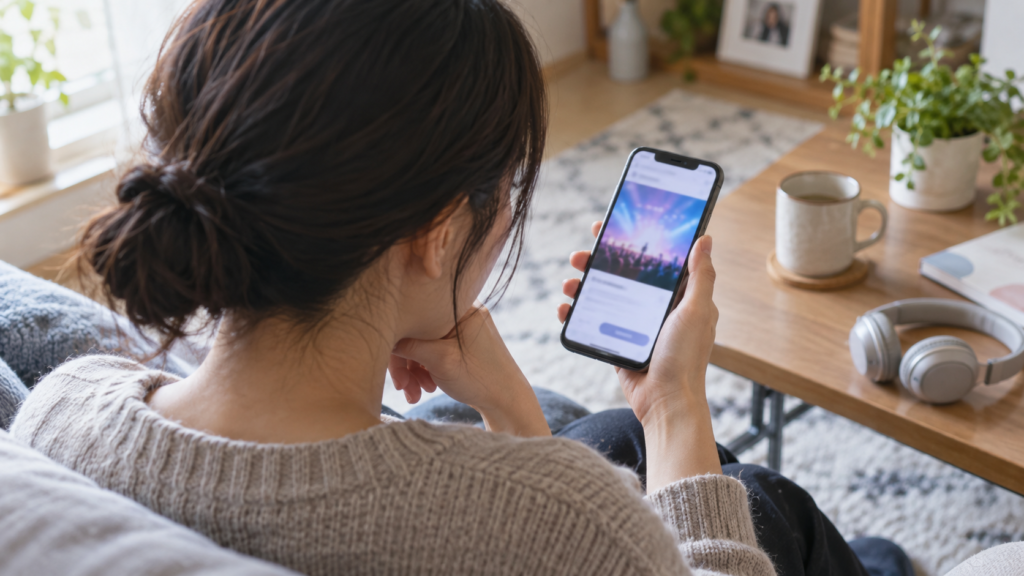 招待ライブの応募条件をスマートフォンで確認するイメージ