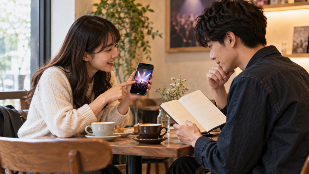 同行者とライブの日程を相談する二人のイメージ