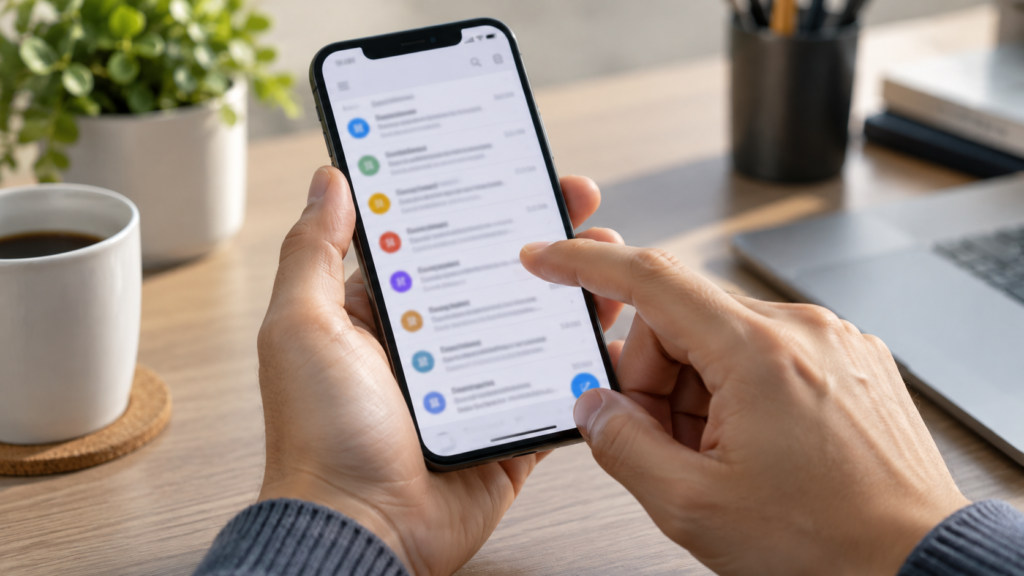 スマートフォンのメール受信箱を確認する手元のイメージ
