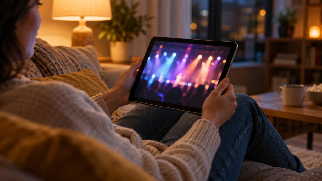 自宅でライブ映像の案内を確認するイメージ