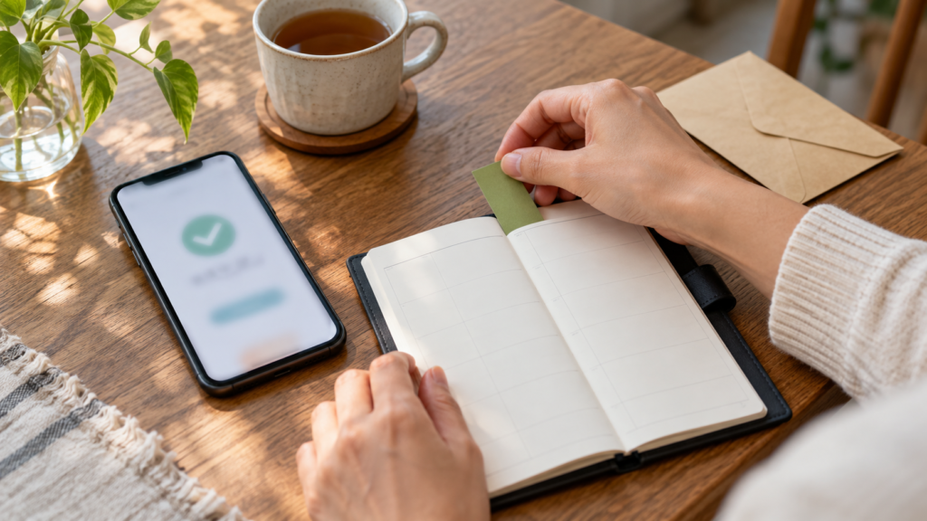 応募の完了と結果確認の予定を整理するスマートフォンと手帳のイメージ