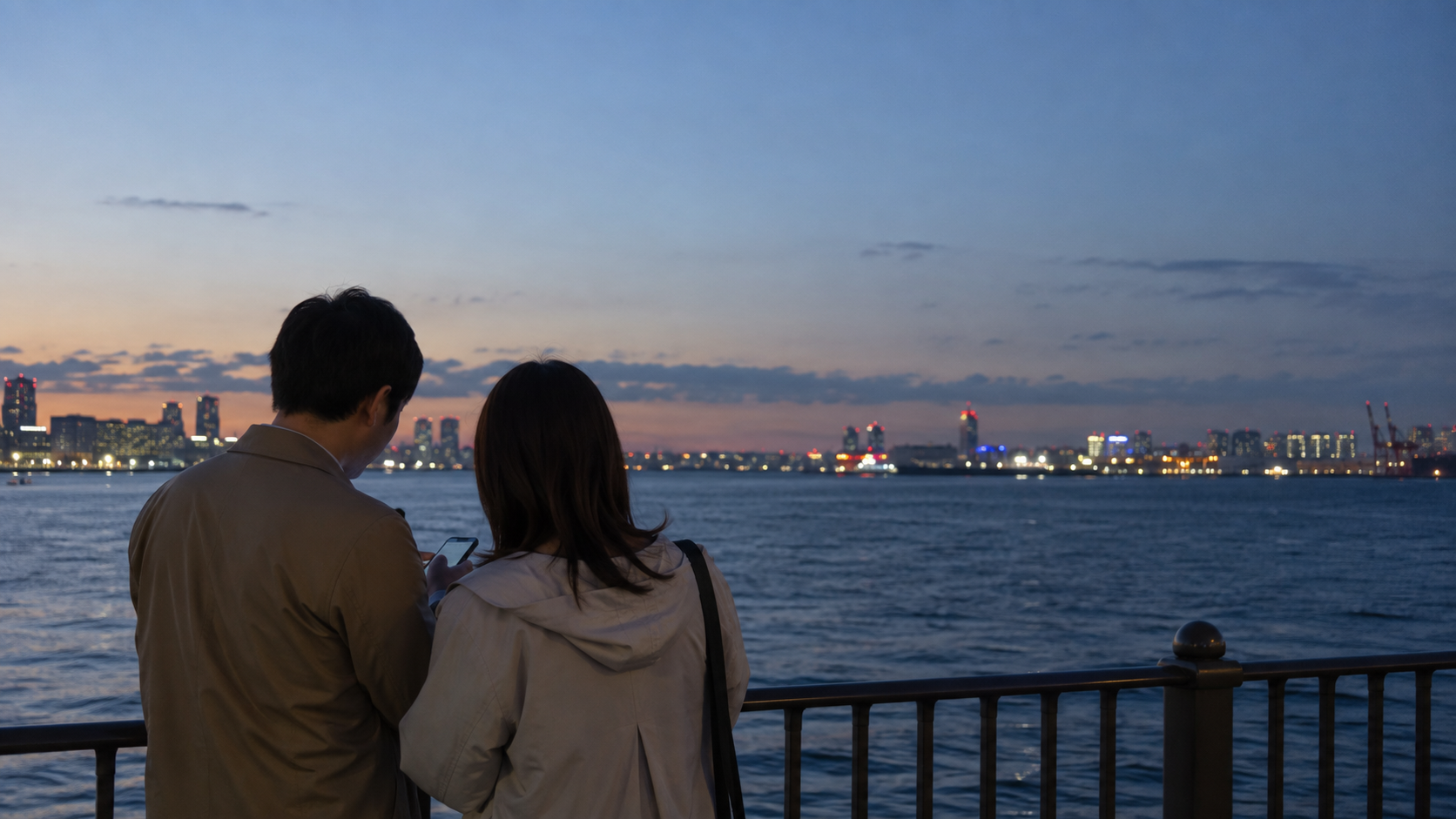 夕暮れの水辺でスマートフォンを確認する二人のイメージ