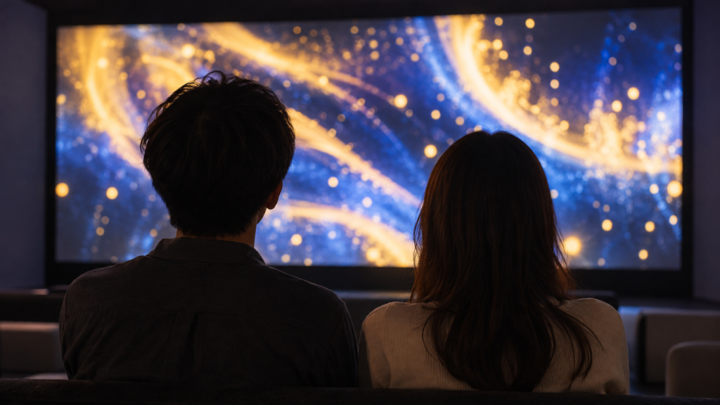 室内のスクリーンに映る光を見上げる人たち