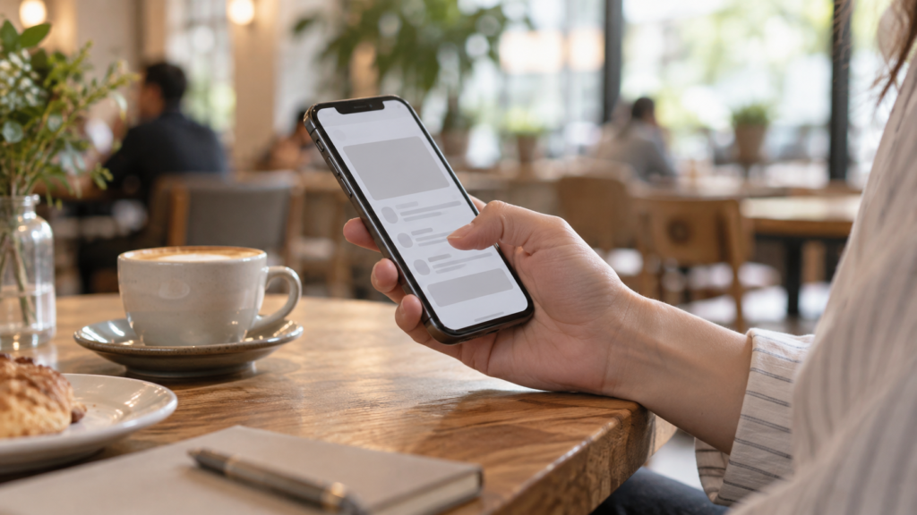 スマートフォンで外出前の案内を確認する手元