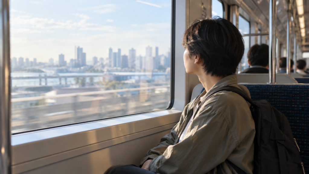 小さなバッグを持ち都市の電車で移動する旅行者