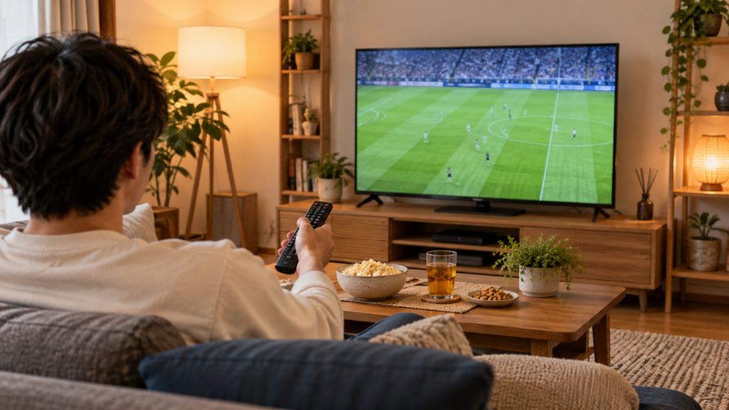 自宅のテレビでサッカーを観戦するイメージ